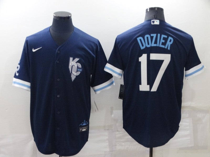 Men's Kansas City Royals Hunter Dozier #17 Navy Baseball Jersey